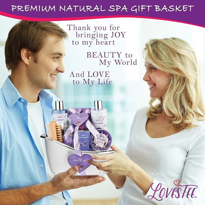 Monthers Day Gifts, Relaxing Lavender Spa Gift Baskets for Wome Birthday, Bath and Body Set-Kit Includes Candle, Essential Oil, Body Scrub, Bath Salt, Body Lotion, Shower Gel and Body Scrub Brush