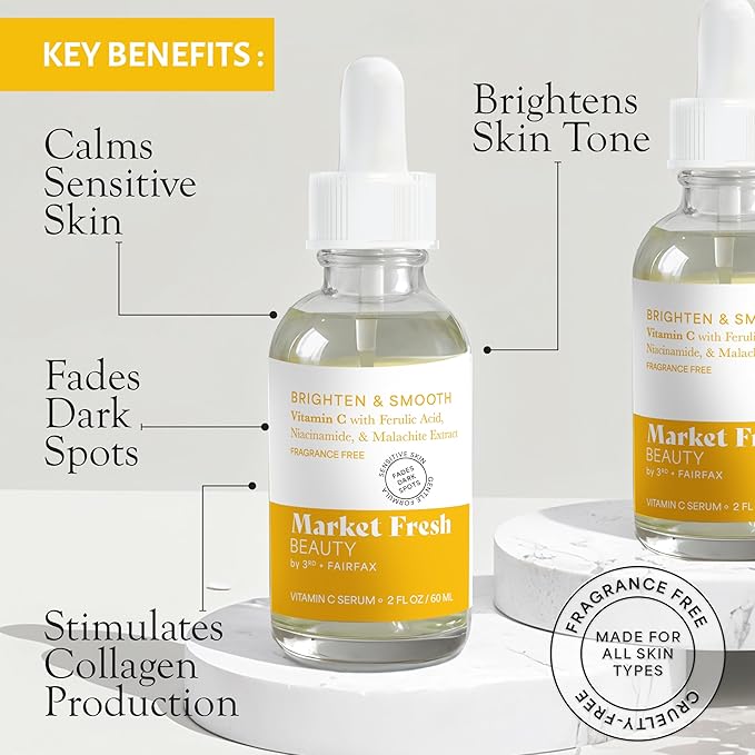 Vitamin C Serum with Ferulic Acid, Niacinamide, & Malachite Extract | Brighten & Smooth | Fragrance-Free | 2 fl oz