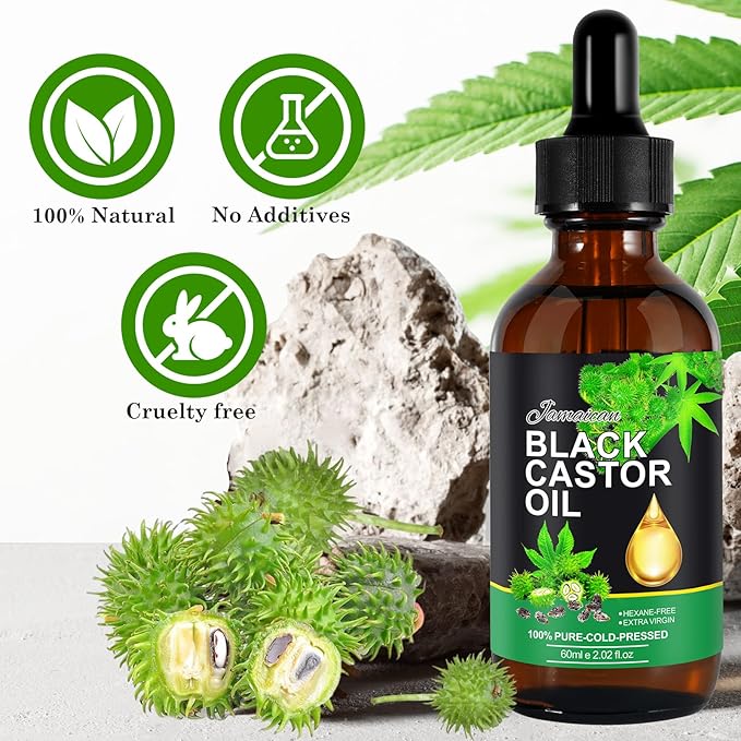 Jamaican Black Castor Oil 60ml - 100% Pure Black Castor Oil Organic Cold Pressed Unrefined for Hair Growth, Eyelashes, Eyebrows Thicker, Body & Face Skin Care Moisturizing Massage Oil