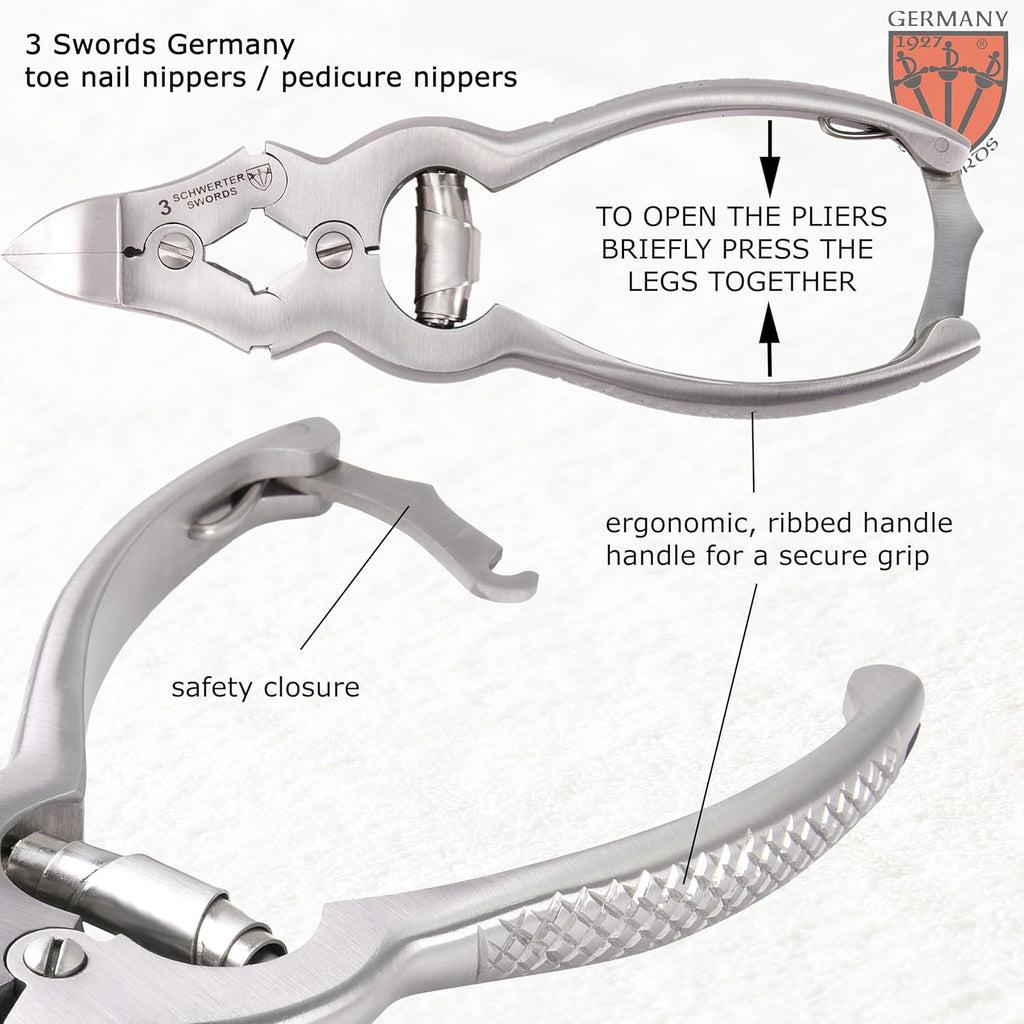 3 Swords Germany – Big Toe Nail NIPPERS - Extra Strong Toe Nail NIPPERS for Cutting Strong, Thick or ingrown Toe Nails - Stainless Steel Pedicure Tool with Synthetic Leather case
