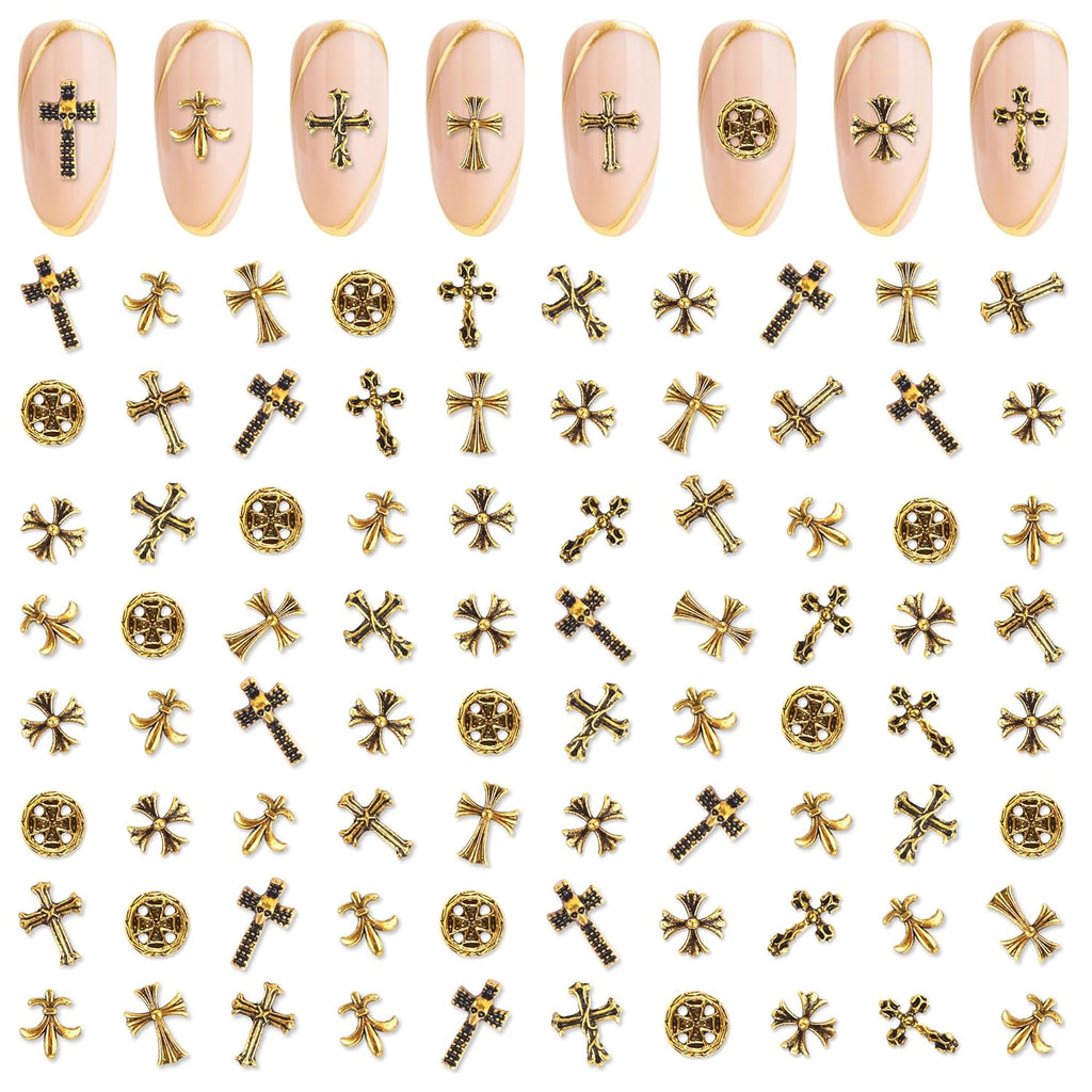 Artdone Nail Art Studs Kit, 3D Gold Cross Nail Charms and Star Gems Bulk Nail Jewels Shiny Crosses for DIY Professional Manicures Decoration
