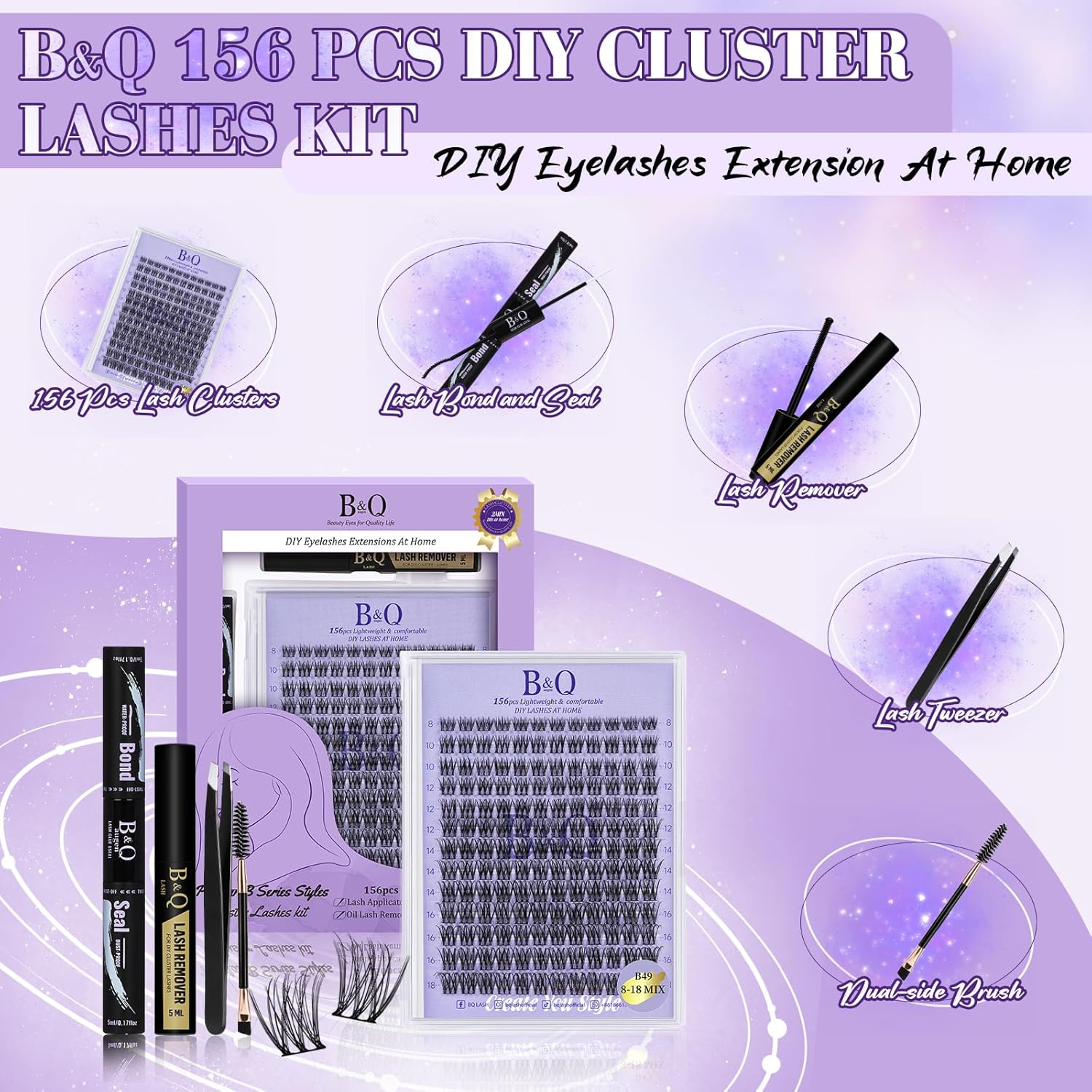 Lash Extension Kit B49 Eyelash Extension Kit B&Qaugen DIY Lash Extension Kit 156 PCS Lash Clusters 8-18mm Cluster Eyelash Extensions Kit with Lash Bond and Seal Lash Applicator Tool (Kit,B49)