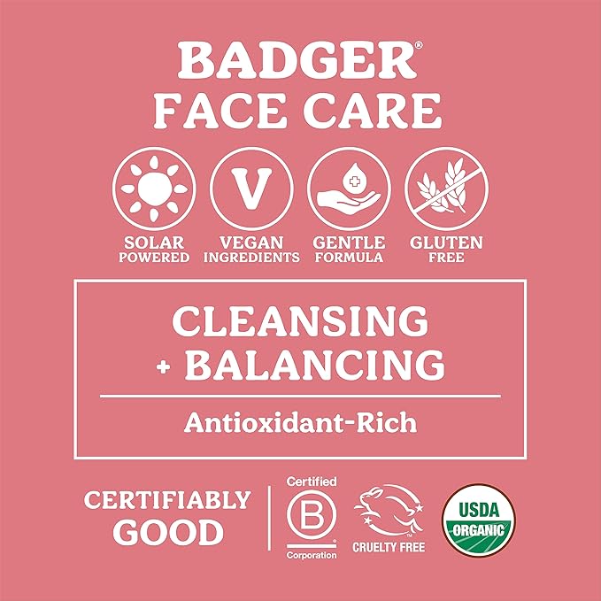 Badger Rose Face Cleansing Oil, Organic Facial Cleanser & Makeup Remover, Non-Greasy Moisturizing Skin Balancing Gentle Face Cleanser w/Pure Rose Oil, 2 fl oz Glass Bottle