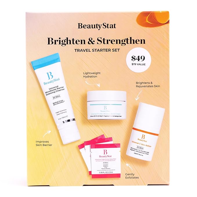 BeautyStat Brighten & Strengthen Daily Travel Starter Kit: 10ml Universal C Skin Refiner, 10ml Probiotic Moisture Boost Cream, 30ml Microbiome Purifying Cleanser, (3) Triple Action Daily Peels