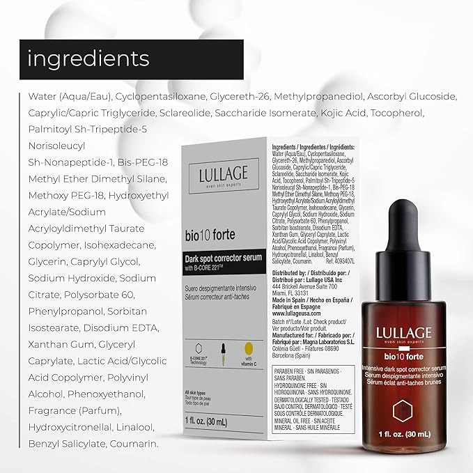 LULLAGE Bio10 Forte Intensive Dark Spot Corrector Face Serum for All Skin Types - B-CORE 221 Technology Vitamin C Serum for Women, 1 Fl Oz Dropper Bottle