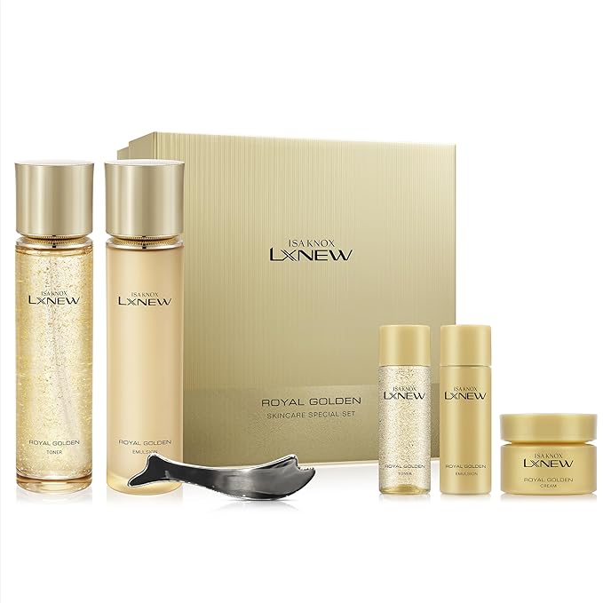 ISA KNOX Royal Golden Skin care Gift Set (11.4fl oz) - Korean Luxury Skin Care for Rejuvenation and Youthful skin. Royal Peptides & Jelly, Niacinamide. Guasha