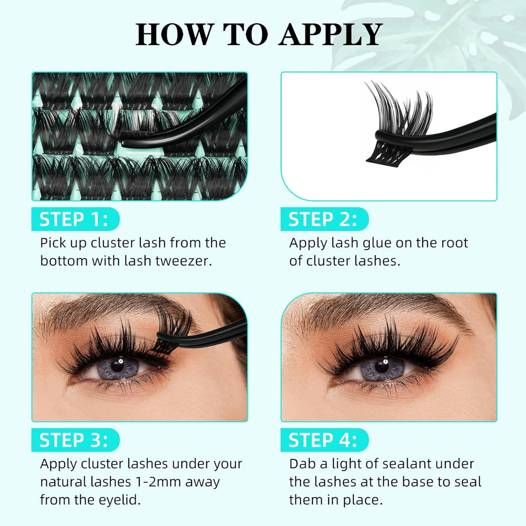 Lash Clusters Kit 168pcs Lash Extension Kit Cluster Lashes Natural Look with Lash Bond and Seal Waterproof, Lash Tweezer with Wet Look Ultra-Thin Band Lashes(Tulip-Kit,D-10-18mm)