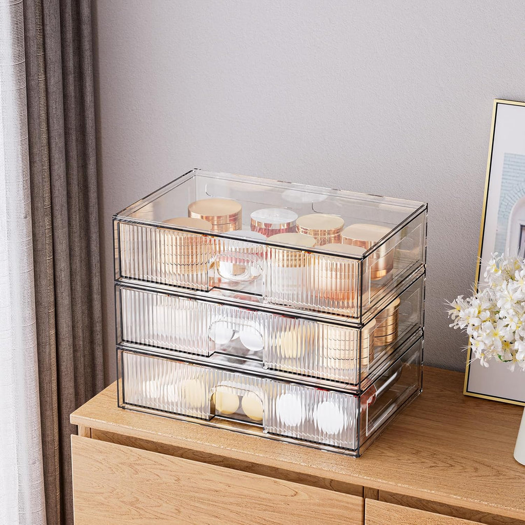 ZHIAI Stackable Storage Drawer, 3 Piece Acrylic Organiser for Cosmetics and Beauty Products, Suitable for Dressers, Bathrooms, Cabinets, Storage Rooms, Bedrooms and Home Organisers