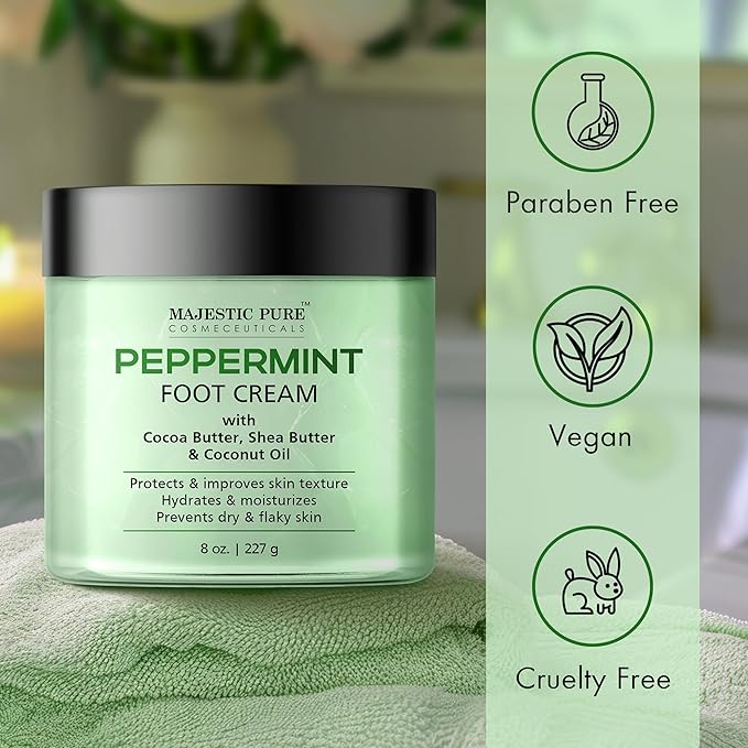 Majestic Pure Peppermint Foot Cream, Warming Cream - Calluses, Dry Cracked Feet, Hands, Heels, Elbow, Nails, and Knees - Softens & Moisturizes Skin - 8 oz