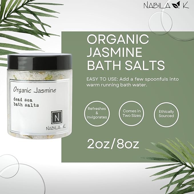 Organic Jasmine Bath Salts by Nabila K - Dead Sea Salt & Epsom Salt Scrub & Soak - Exfoliates & Hydrates Skin, Botanical Essential Oils - Bubble Bath Accessories for All Skins Types, 2 oz