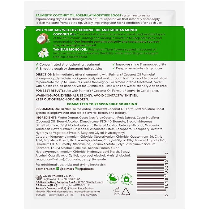 Palmer's Coconut Oil Formula Moisture Boost Protein Pack, Hair Treatment for Dry, Damaged, Over-Processed and Colored Hair, 2.1 Ounce (Pack of 12)