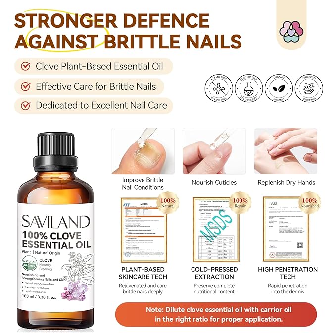 SAVILAND Clove Oil for Effective Brittle Nails Repair: Natural Clove Essential Oil 100% Pure Orangic Nail Growth for Damaged Nails Toenail Renewal Cuticle Hand Foot Care Home