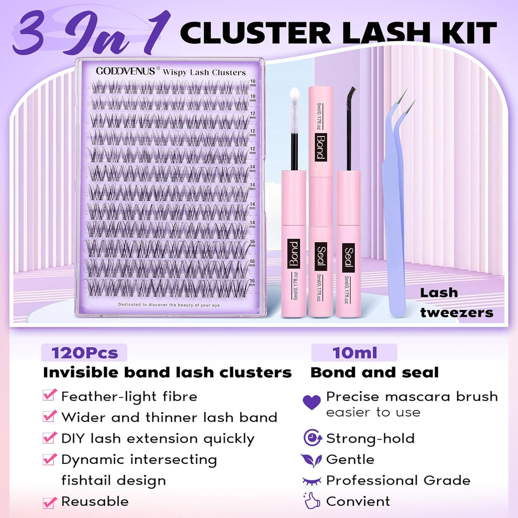 Invisible Band Lash Clusters Kit Wispy Natural Cluster Eyelash Extension Kit DIY Lash Extension Kit C Curl 10-16MM Eyelash Clusters Volume Individual Lashes Kit by Goddvenus
