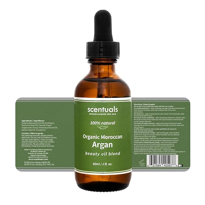 Scentuals Argan Beauty Oil Blend, All-in-One Skin, Hair & Nail Care, Pure Argan Oil Blend, Apricot Oil, Safflower Oil, Vitamin E Oil, Deep Hydration, Anti-Aging, Natural Skin Care,2 fl.oz | 60 ml
