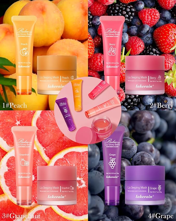 2Pcs Lip Glowy Balm & Lip Sleeping Mask,Hydrating Repair Sleeping Lip Mask,Glossy Tinted Lip Balm,Smooth Cracked Chapped Lip,Lip Care Therapy Treatment,Women's Day Makeup Gift for Women-Grapefruit