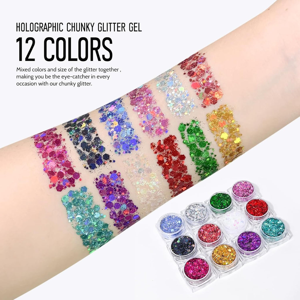 Ownest 12 Colors Holographic Chunky Glitter Gel Set, Christmas Party Makeup Face Body Eye Lips Hair Nail Cosmetic Festival Chunky Glitter Eyeshadow, Mixable, No Need Glue(B)
