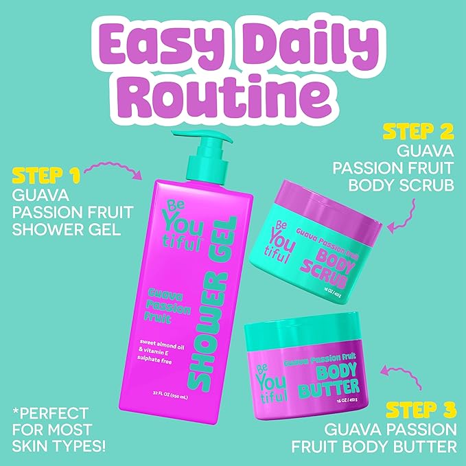 BeYoutiful Natural Body Butter for Dry Skin, Guava Passion Fruit, Cruelty Free Moisturizer for Kids & Teens, Coconut Oil & Shea Butter, 16 oz