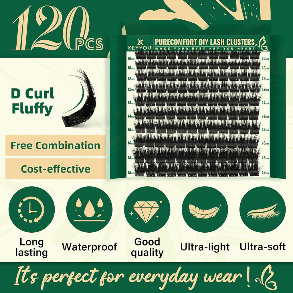 KEYYOU Lash Clusters 120pcs Eyelash Clusters 10-18mix D Curl Cluster Lashes Thick Super Soft Wispy DIY Eyelash Extension at Home(PC02-D-10-18MIX)