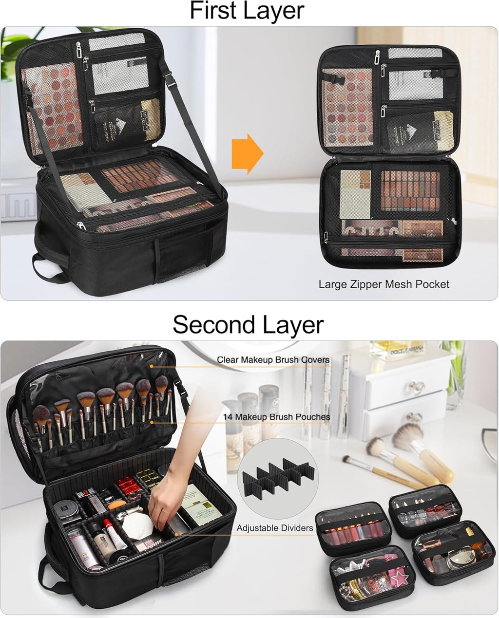 Makeup Backpack Extra Large Cosmetic Bags Professional Makeup Artist Bag Travel Train Case Storage Organizer Double-Layer Cosmetic Case with 4 Pouch and Brush Organizer