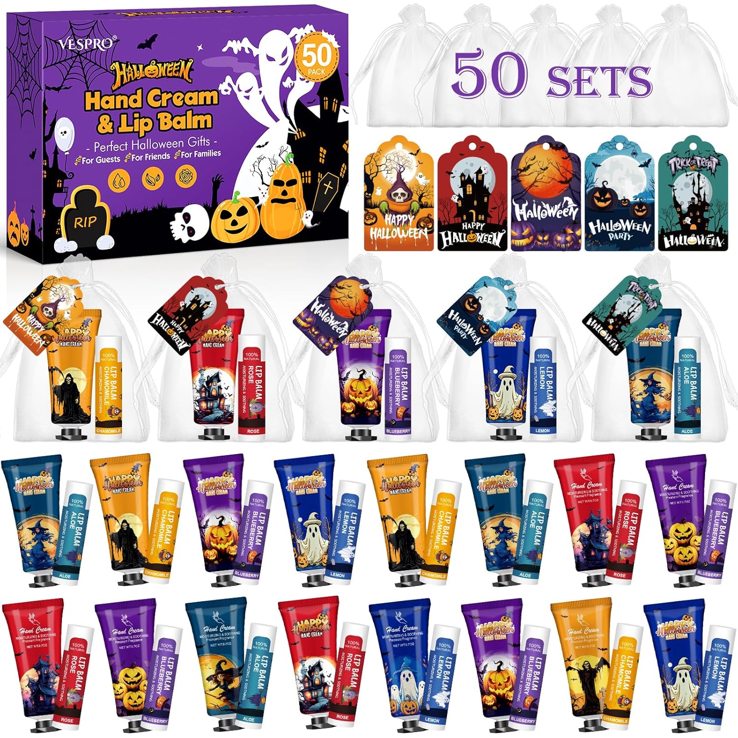 VESPRO 50 Pack Halloween Hand Cream and Lip Balm Set, Bulk Halloween Gifts with Halloween Cards and Organza Bag, Halloween Decorations and Halloween Party Favors Goodies for Women