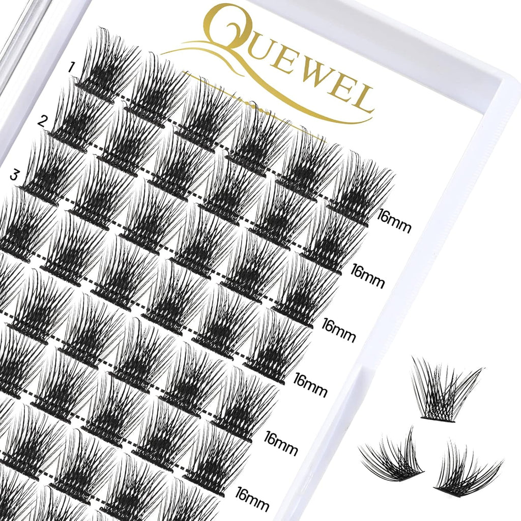 QUEWEL Cluster Lashes 72 Pcs Wide Stem Individual Lashes C/D Curl 8-16mm Length DIY Eyelash Extension False Eyelashes Soft for Personal Makeup Use at Home (H03-C-16)