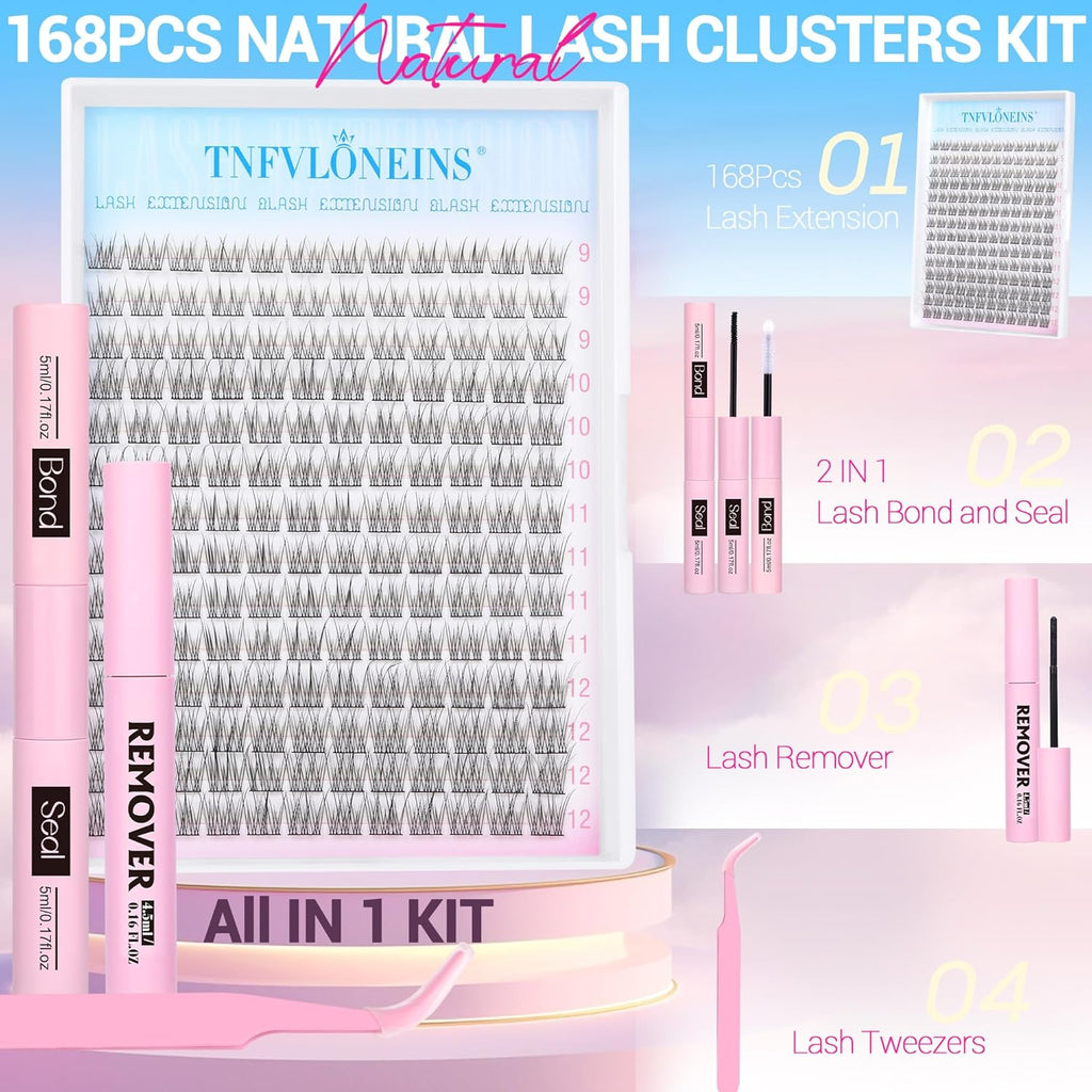 Natural Lash Extension Kit Wispy Lash Clusters Kit 168Pcs Eyelash Extension Kit 9-12MM Eyelash Clusters Lashes Individual Kit with Remover for Lash Extension, Bond and Seal and Tweezers by TNFVLONEINS