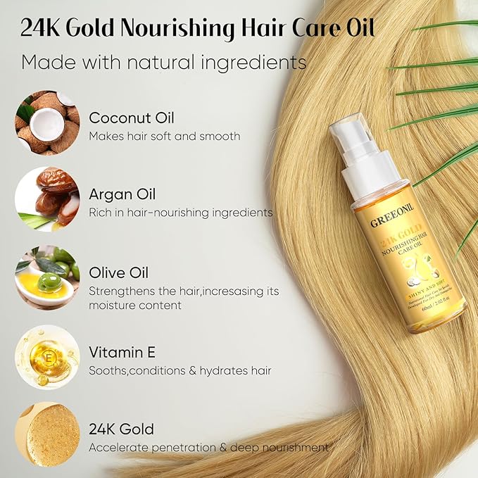 Hair Oil with Argan Oil, Coconut Oil, Olive Oil, Vitamin E for Nourish Hair, Smooth Frizz, Add Shine, Hair Treatment Oil for Women Men Frizzy Damaged Fine Curly Hair, Leave-in, 2Pack
