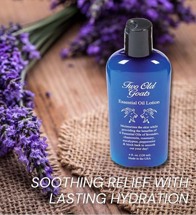Two Old Goats Essential Oil Lotion 4 oz Bundle with Nail Clipper - Moisturizing Lotion with Lavender, Chamomile, Eucalyptus, and More for Soothing Skin Care - Gift Set (3 Items)