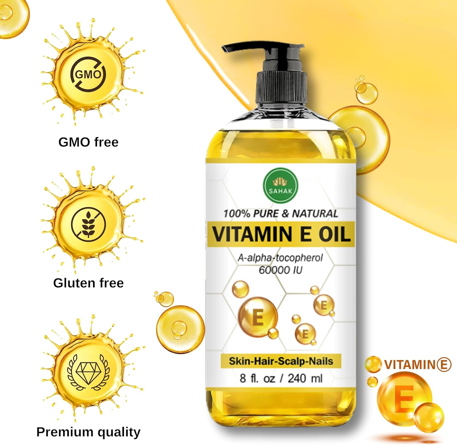 Vitamin E Oil 60,000 IU – Organic & Pure E-Oil Blend for Skin, Hair & Nails | Natural Body Oil with Vitamin E for Stretch Marks, Scars & Face Moisturizing – 100% Liquid Vitamin E Skin Care