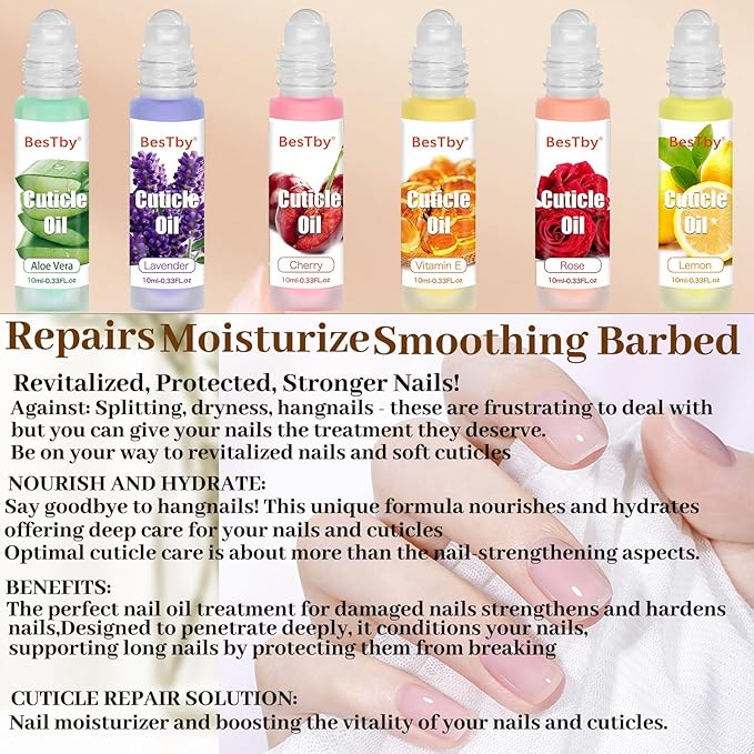 Cuticle Oil - Repaired Dryness Damaged Nails and Cuticle, Moisturizes, and Strengthener for Nails Care, 6 Bottle/10ml Rollerball