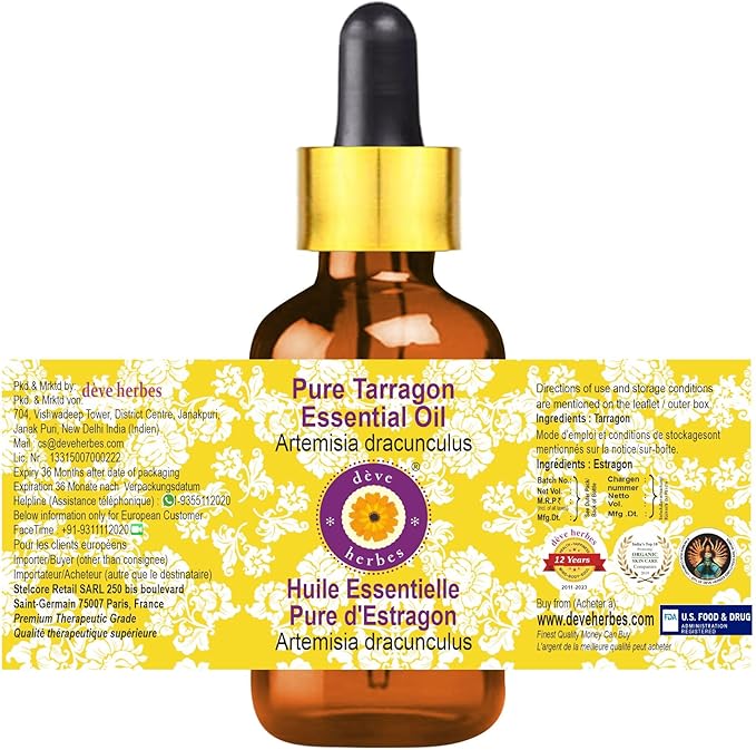 Deve Herbes Pure Tarragon Essential Oil (Artemisia Dracunculus) with Glass Dropper Steam Distilled 100ml (3.38 oz)
