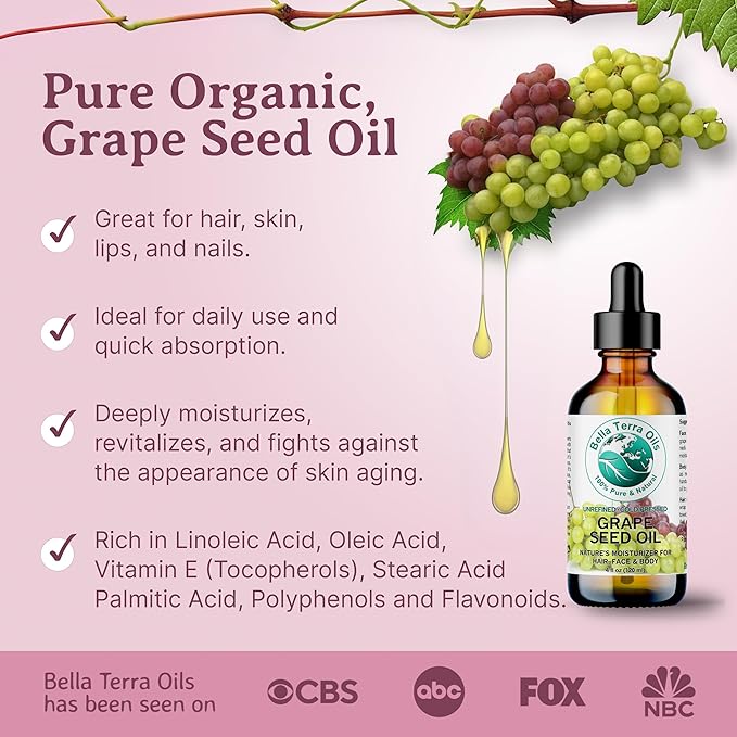 Bella Terra Oils - Organic Grape Seed Oil 2 oz - Cold-Pressed, Abundant in Vitamin E & C, Linoleic Acid, Omega-6 Fatty Acids, A Luxurious Elixir for Radiant Skin
