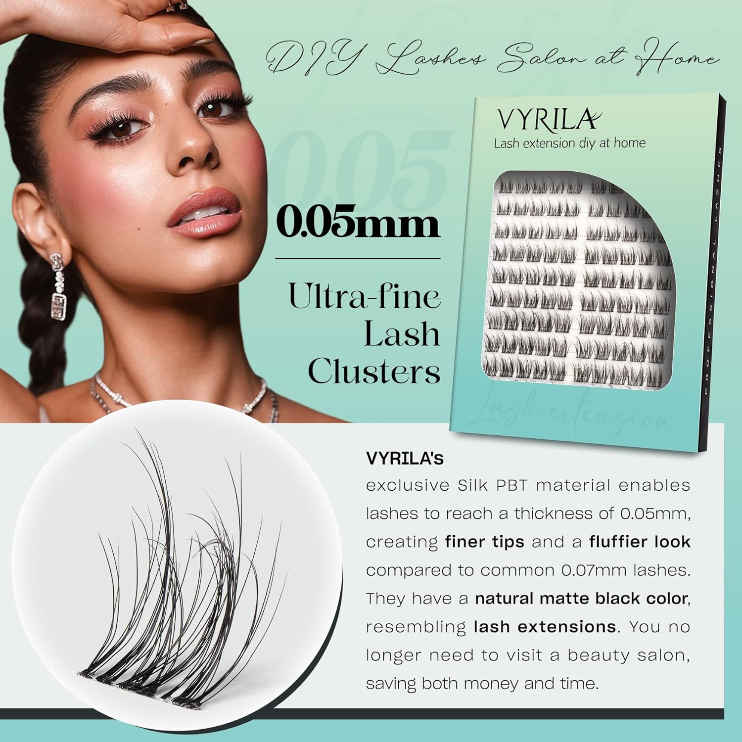 Lash Clusters 0.05mm Individual Lashes, 3D Wispy Lashes Clusters, 0.1mm Super Thin Band Resuable Natural Lashes,D Curl Faux Mink Lashes,180pcs Lash Extension (Green Charm-D-0.05-8-16mix)