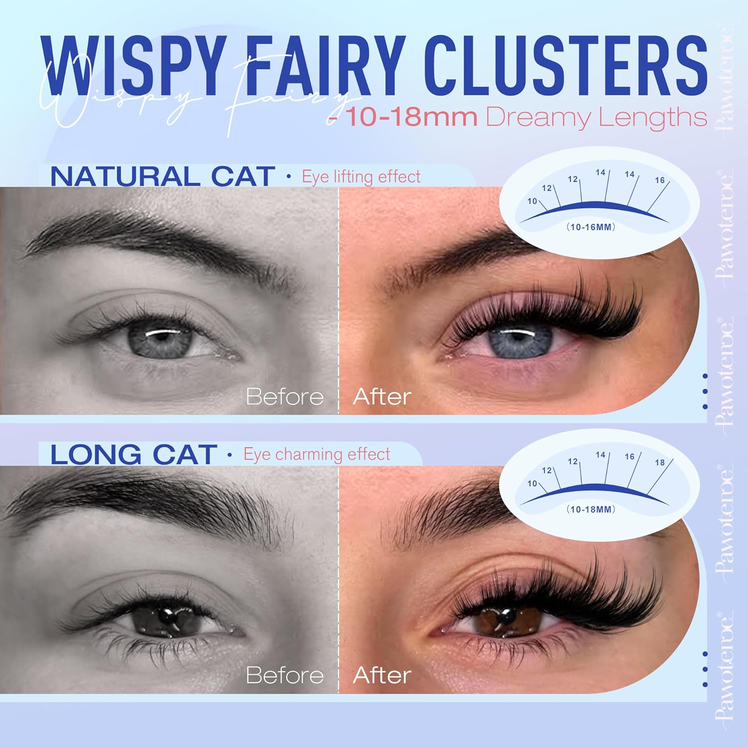 Pawotence Fairy Lash Clusters Manga Eyelash Clusters 10-18mm Wispy Lashes Cluster Eyelash Extensions 144pcs Anime Individual Cluster Lashes Wispy