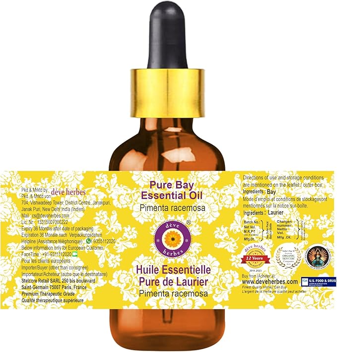 Deve Herbes Pure Bay Essential Oil (Pimenta racemosa) with Glass Dropper Steam Distilled 15ml (0.50 oz)