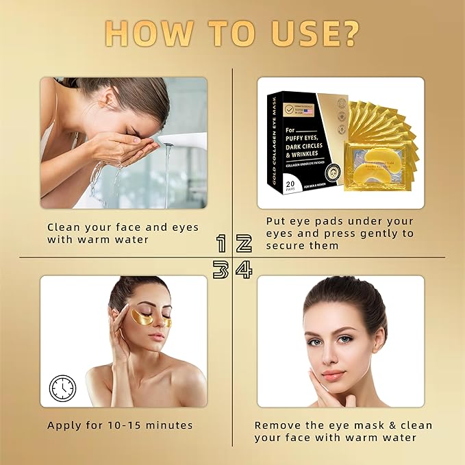 Golden Eye Mask 20 (pair), Collagen Eye Mask with Sodium Hyaluronate for Dark Circles, Bags, Wrinkles and Puffiness Eye Gels, Under Eye Patches for Both Men and Women.