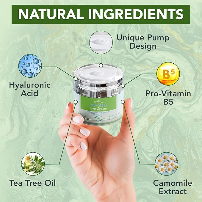 NOVEHA Tea Tree Oil Anti Wrinkle Eye Cream - Eyelid Cream for Dry & Itchy Skin, Scar | Moisturizer Face Cream Treatment - 1.69 Fl. Oz.