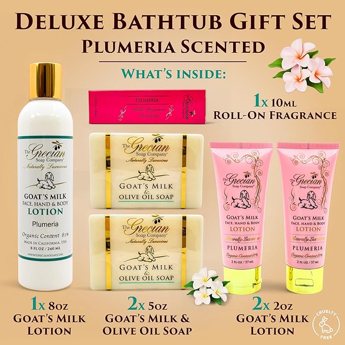 Deluxe Bathtub Gift Set – 6pcs Goat Milk & Olive Oil Skin Care Set, Spa Gifts, Bridal Shower Gifts Gifts for Mom, Birthday Gifts, Plumeria Scent, Handmade in the USA
