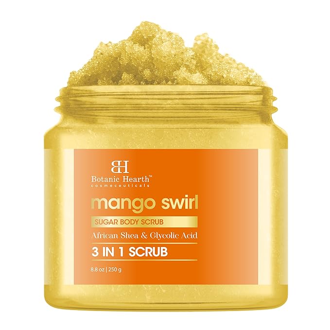 Botanic Hearth Mango Swirl Body Scrub - 8.8 fl oz - Exfoliating & Moisturizing Scrub for Smooth, Radiant Skin - Infused with African Shea & Glycolic Acid | 3 in 1 Scrub