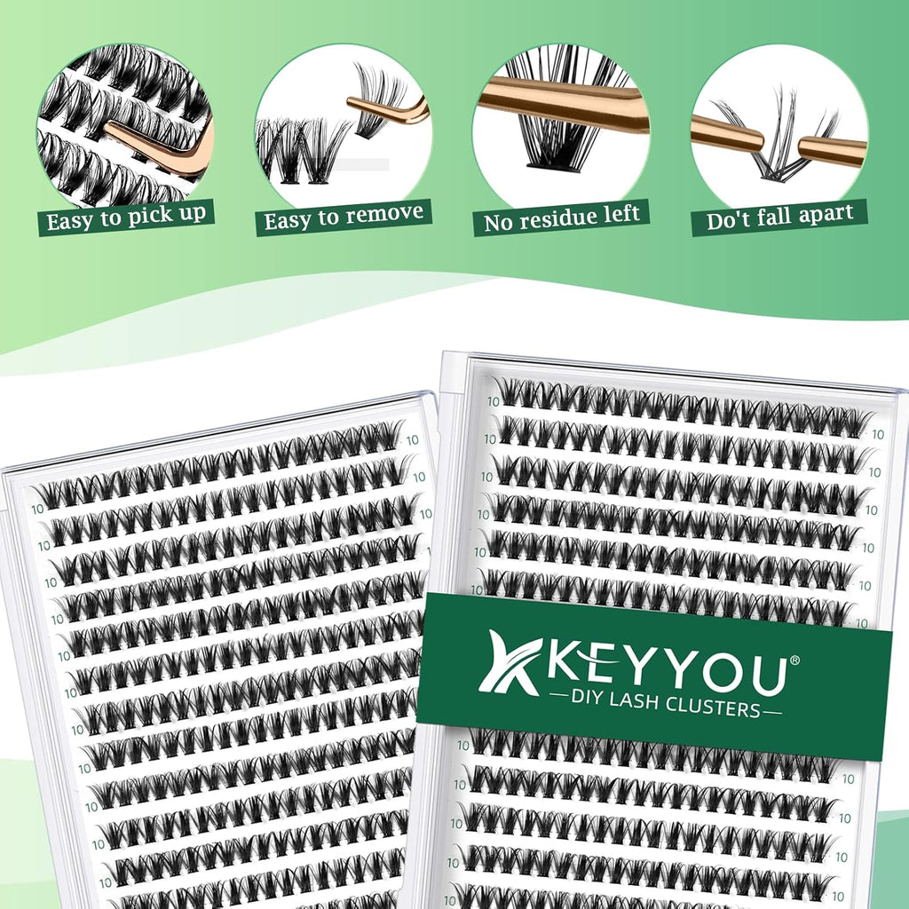Lash Clusters 300pcs Individual Lashes 40D 0.07D Curl 10mm DIY Eyelash Extension KEYYOU Large Tray Volume Soft&Natural Cluster Lashes(40D-0.07D,10）