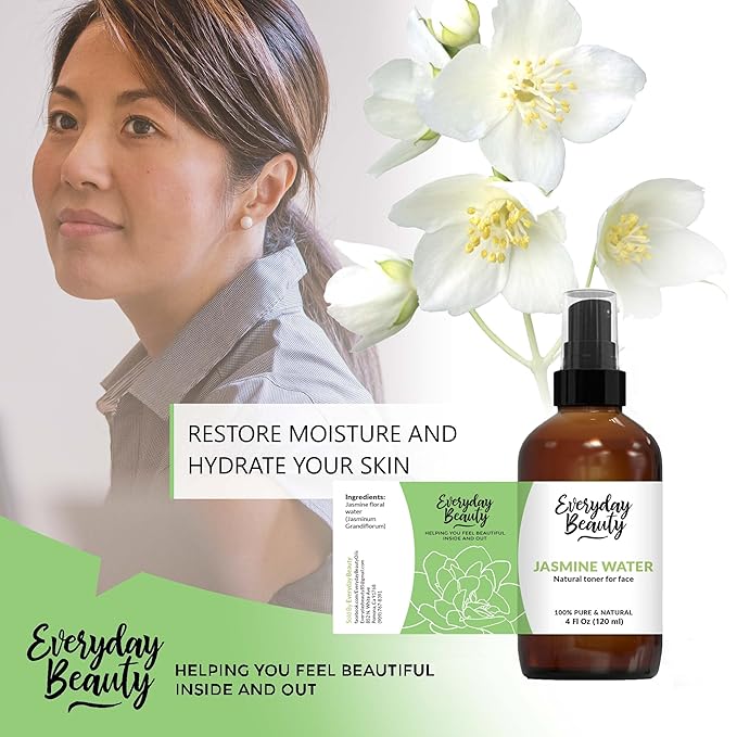 Jasmine Water Facial Toner - All Natural Hydrating Spray Mist for Face and Hair - 100% All Natural Jasmine Water Hydrosol 4oz with Fine Mist Cap