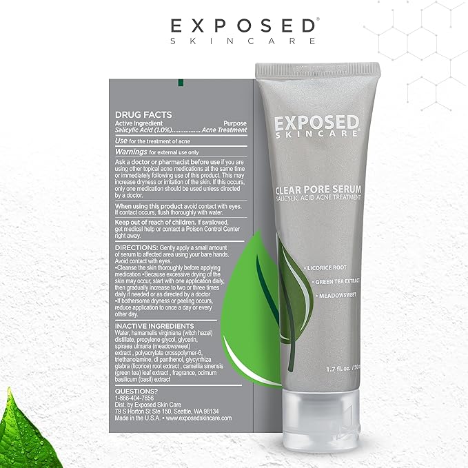 Exposed Skin Care Clear Pore Serum - Green Tea, Licorice Root, Salicylic Acid - Unisex Skin Serum for Oily, Sensitive Skin