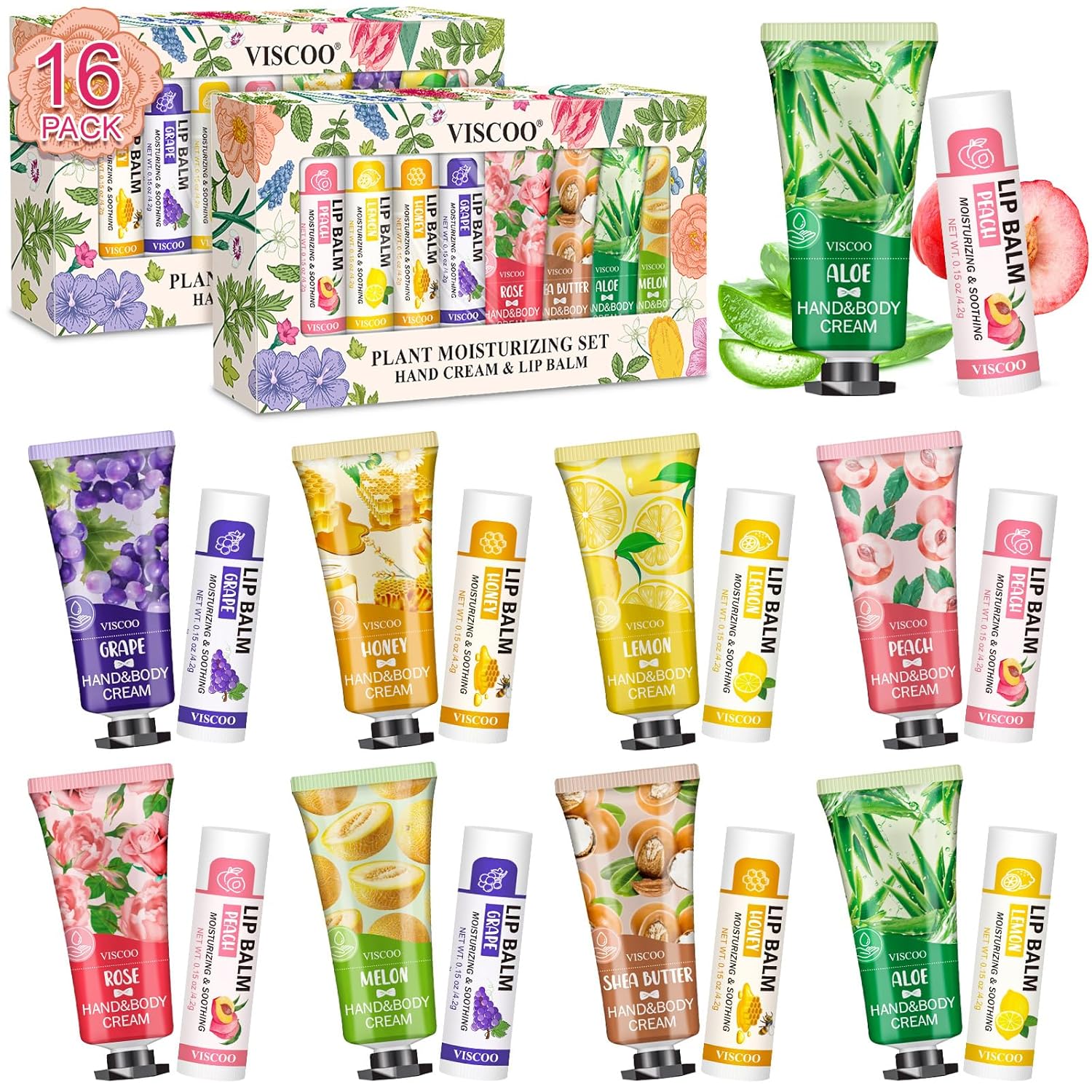 16 Pack / 8 Sets Bulk Lip Balm and Hand Cream Gift Set, Bridal Shower Gifts and Bridal Wedding Favors for Guests, Baby Shower Party Favors for Guests, Thank You Gifts, Birthday Gifts for Women