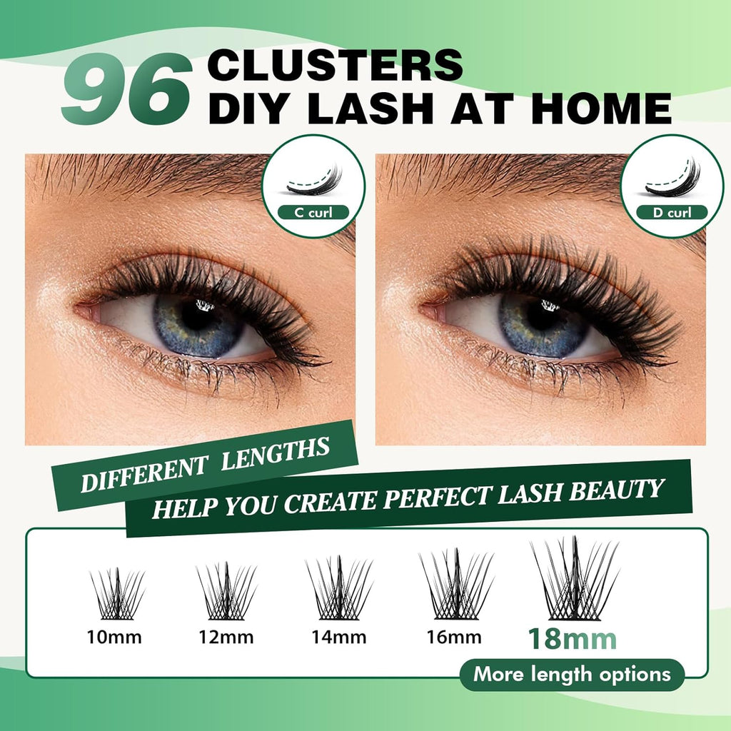 Lash Clusters,96 Pcs Cluster Lashes D Curl 12mm DIY Lash Extensions Eyelash Clusters,KEYYOU Volume Wispy Individual Lashes Soft&Comfortable Easy DIY at Home(Y09,D-12mm)