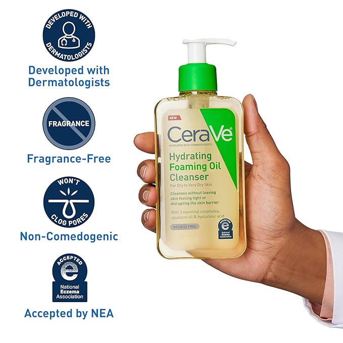 CeraVe Hydrating Foaming Oil Cleanser, Moisturizing Oil Cleanser for Face & Body, Squalane Oil + Hyaluronic Acid + Ceramides, For Dry to Very Dry Skin, Fragrance Free & Residue Free, 19 FL Oz