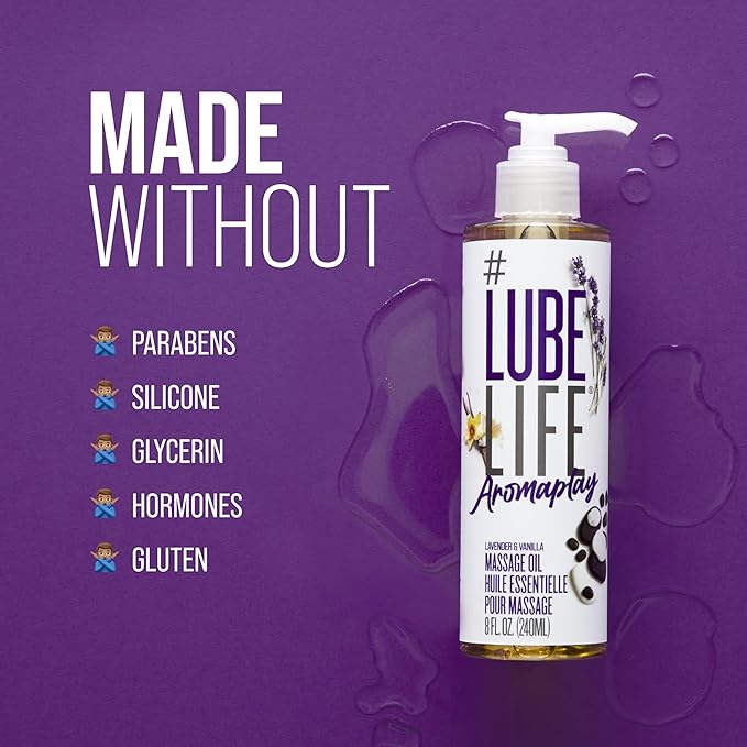 #Lube Life Aromaplay Lavender and Vanilla Massage Oil, Aphrodisiac, Essential Oil for a Relaxing Full Body Aromatherapy Massage, 8 Fl Oz