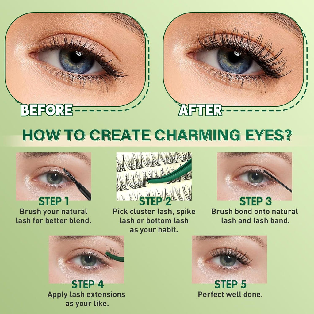 KEYYOU Natural Lash Clusters Kit 144Pcs DIY Lash Extension Kit Wispy Eyelash Extensions Kit D Curl 10-12MIX with Bond and Seal and tweezers with Thin Lash Band(KIT-N05-D-10-12MIX)