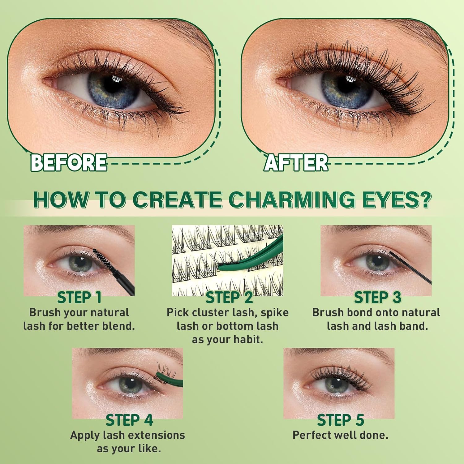 KEYYOU Natural Lash Clusters Kit 144Pcs DIY Lash Extension Kit Wispy Eyelash Extensions Kit D Curl 10-12MIX with Bond and Seal and tweezers with Thin Lash Band(KIT-N05-D-10-12MIX)