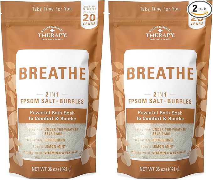 Village Naturals Breathe Foaming Body Soak, Epsom Salt, Essential Oils, Soothing Bubbles, Sea Salt 36 oz, Pack of 2