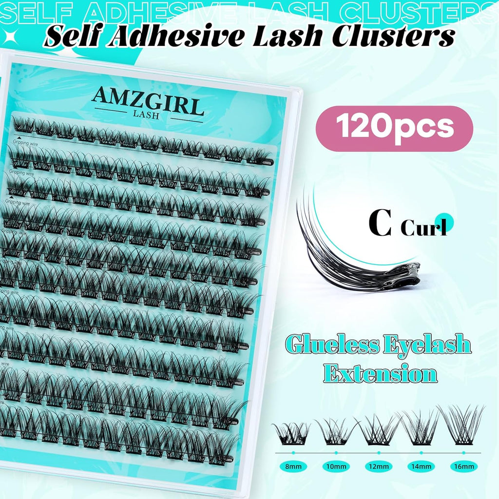 120PCS Self Adhesive Eyelashes Natural C Curl 8-16mm Self Adhesive Lash Clusters,No Lash Glue Needed,Impress Lashes Wide Stem Lashes Extension